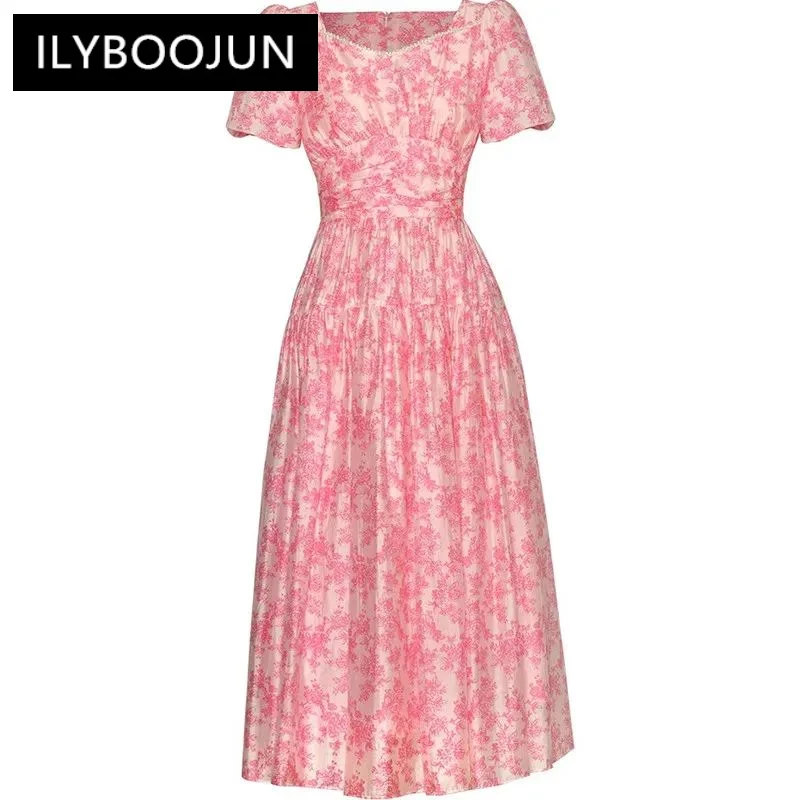 

ILYBOOJUN Spring Summer Women's Dress Beading Puff Sleeve High Waiste Print Vacation Party Pleated Dresses