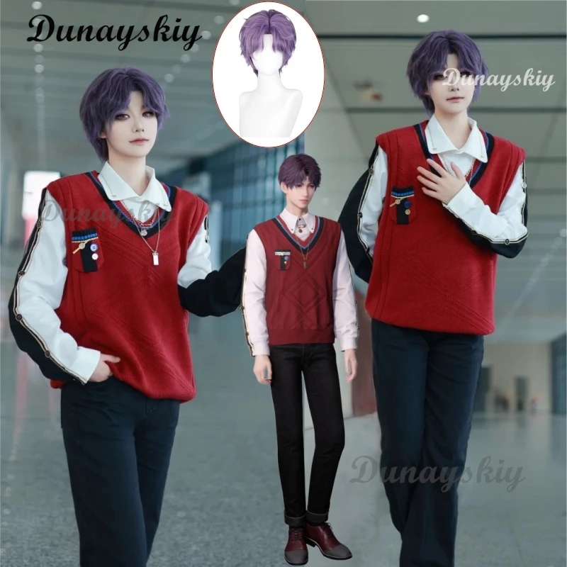 

Game Love And Deepspace Rafayel Red Sweater Vest Cosplay Costume Necklace Rafayel Spring Qi Yu Shirt Vest School Uniform Men Top