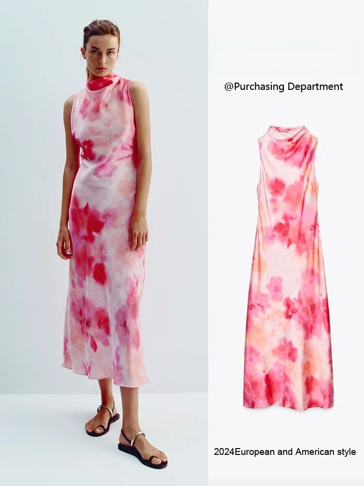 

Summer New Arrival Women's Sexy Sleeveless Backless Tie Dye Silk Satin Midi Dress Elegant Ethnic Style Stage Costume