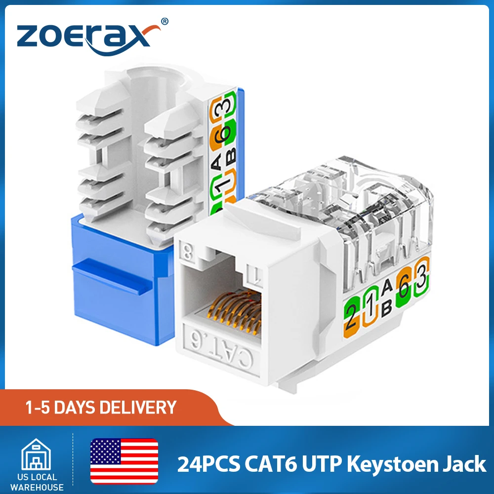 

ZoeRax 24PCS RJ45 Cat6 Keystone Jacks,Slim Profile 90-Degree Ethernet Keystone Jack,Compatible Patch Panel and Wall Plate