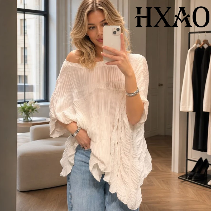 HXAO Textured Layered White Blouses For Woman Pleats Asymmetric Oversized Blouse Female Summer Cape Sleeve Vacation Beachwear
