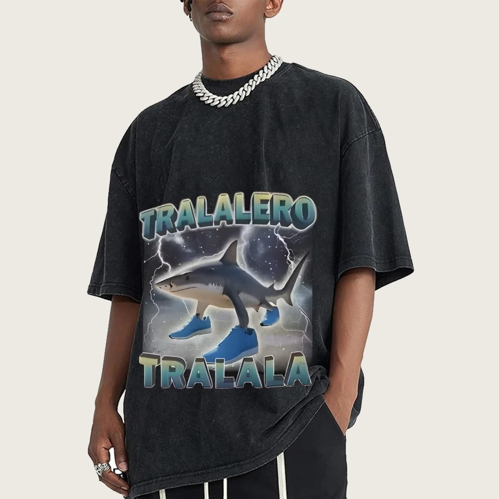Tralalero Tralala chaussure requin graphique t-shirt Meme ludique enfants surdimensionné lavé chemise hommes femmes confort haut de couleur portant