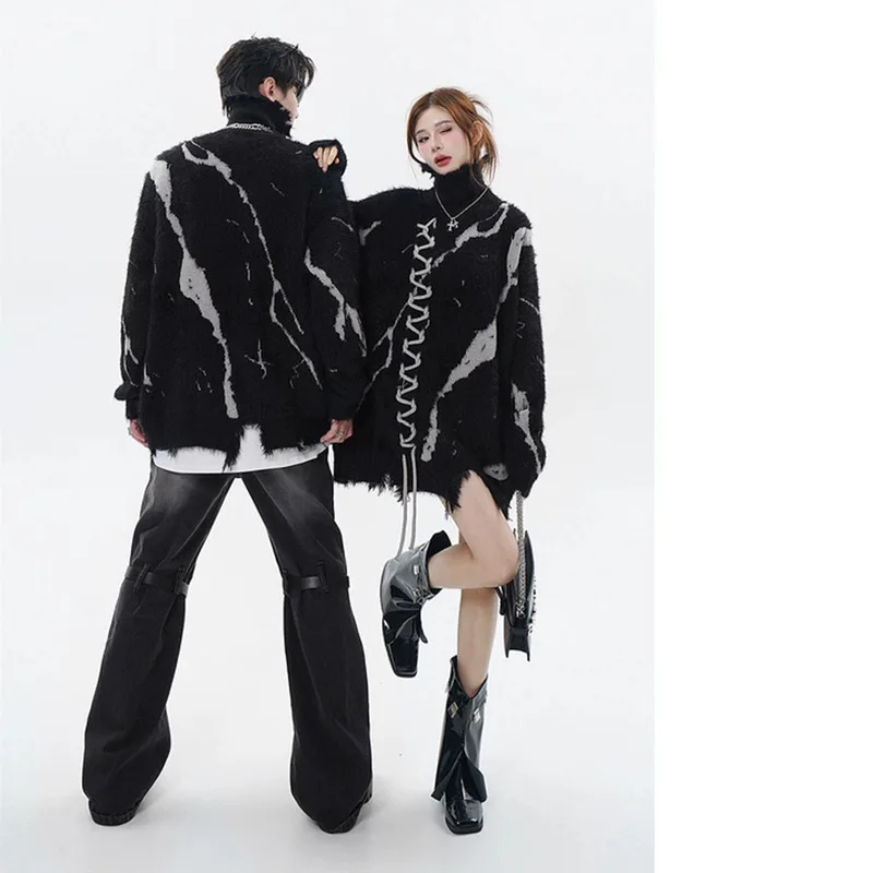 

Turtleneck Mohair Thick Frayed Aesthetic Goth Sweater For Women Men Loose Shabby Y2k Fairy Grunge Winter Cothes Dark Academia N