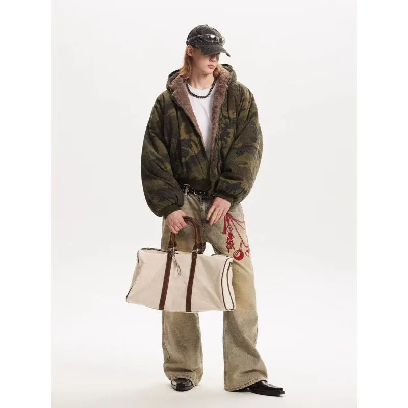 เสื้อแจ็คเก็ตมีฮู้ดลายพรางผู้ชาย, เสื้อโค้ทฤดูหนาว/ฤดูใบไม้ร่วงที่อบอุ่นกันลม, เสื้อโค้ทไฮสตรีทย้อนยุคสำหรับผู้ชาย