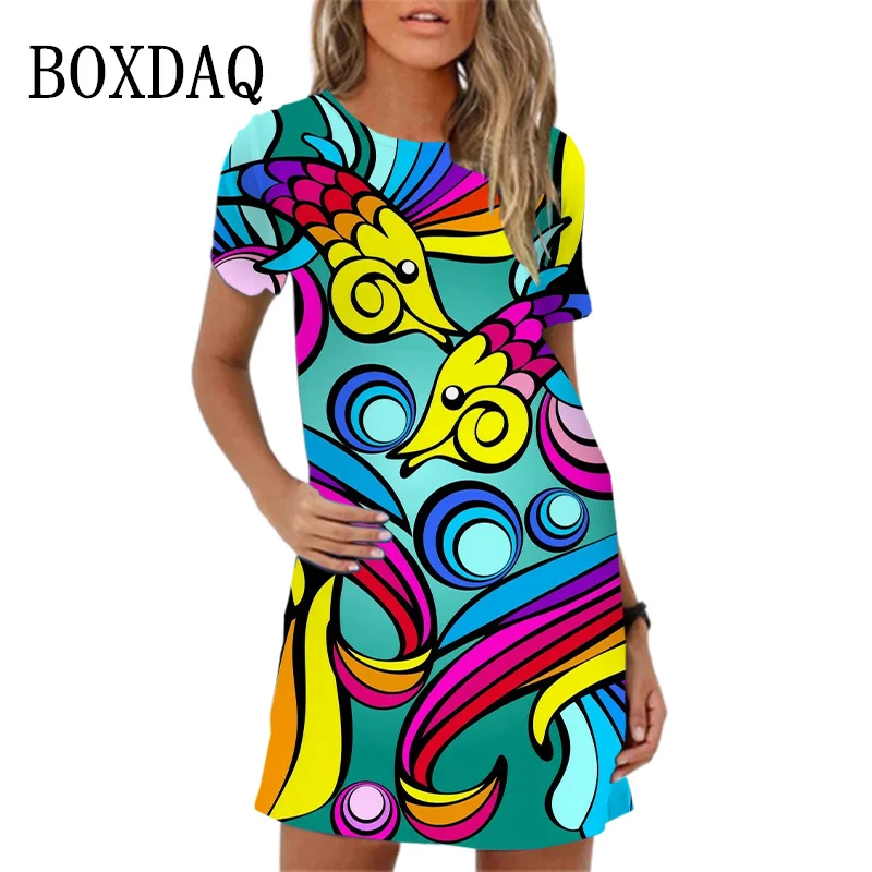 Vintage Abstract Landscape Fish Pattern Print Dress For Women Short Sleeve Clothing New 2024 Summer Dress Casual Mini Dress