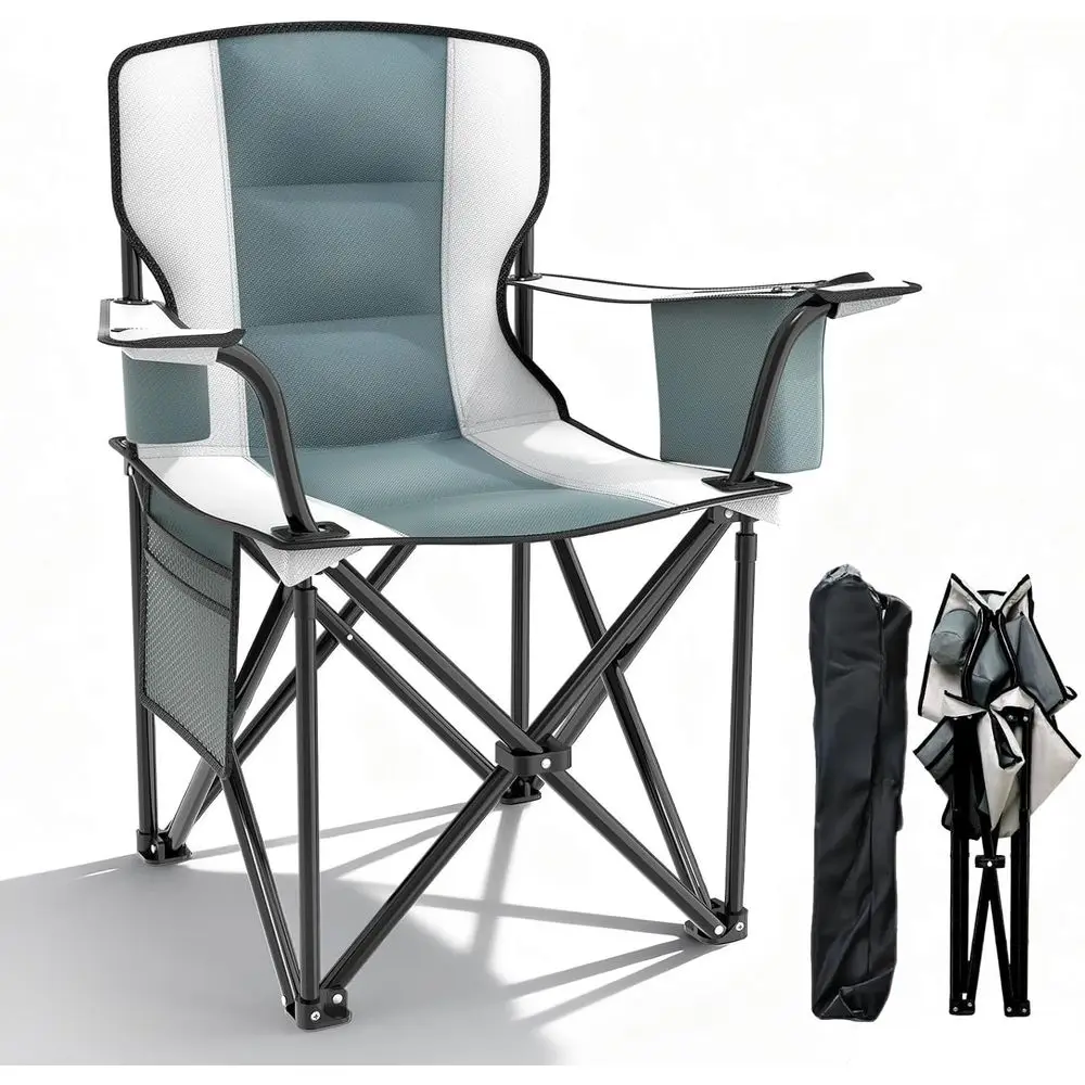 

Heavy Duty Camping Chairs 600D Oxford Portable Folding Chair - Extra Wide Armrests, Cup Holder & Cooler Bag, Supports 350lbs, Id