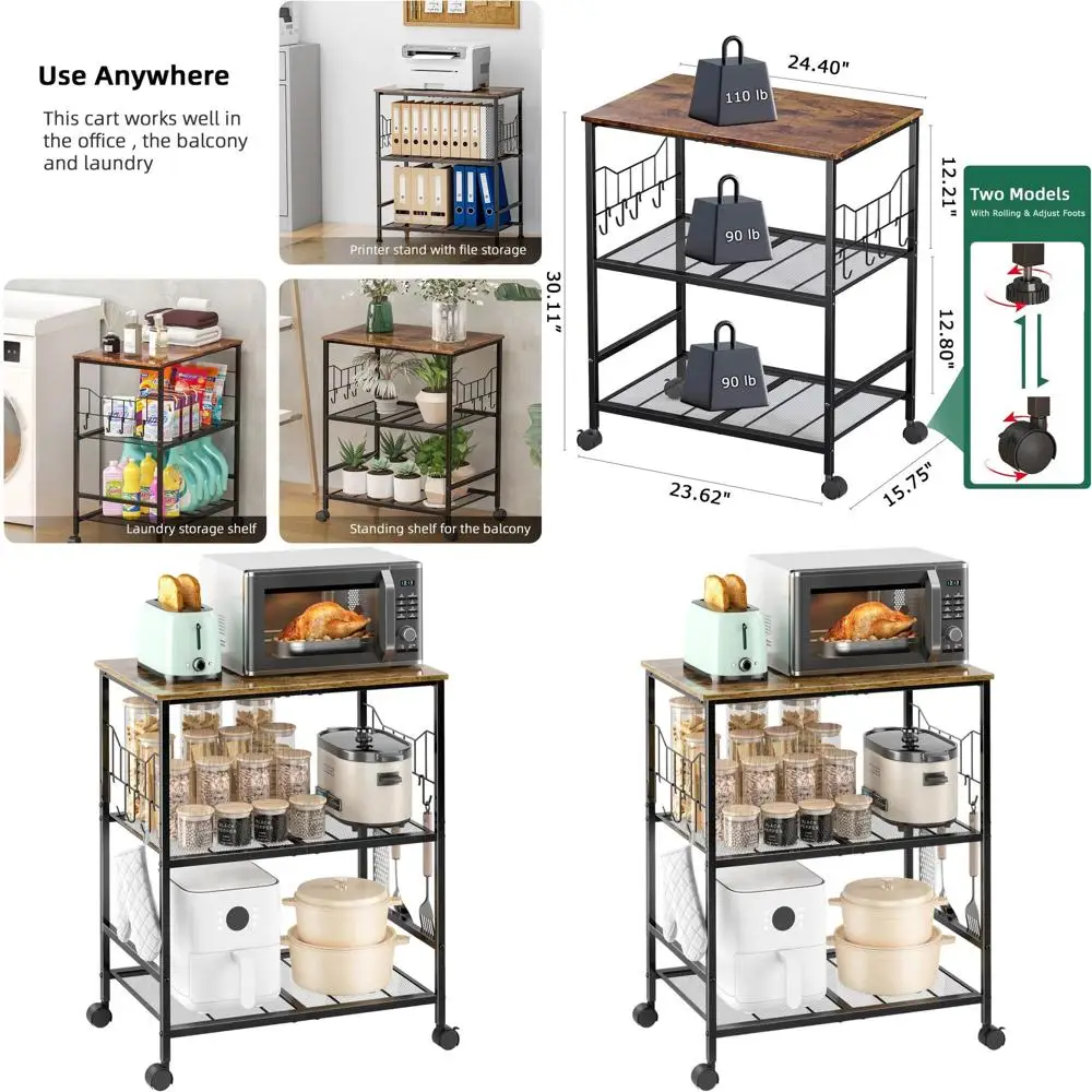 

Трехуровневая регулируемая тележка для микроволновки на колесиках для кухни, гостиной и офиса