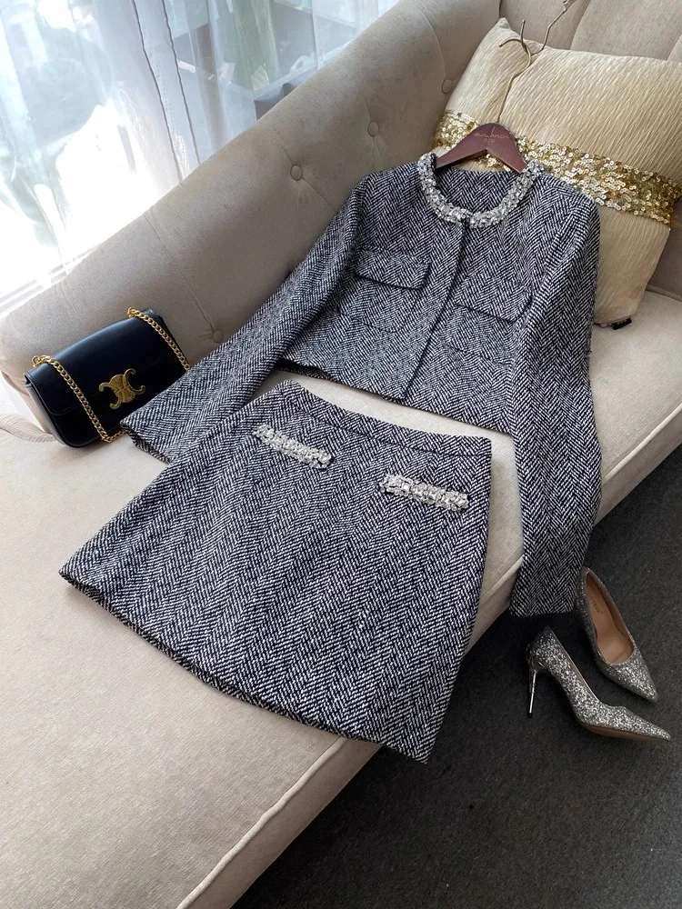 

Luxury Beeding Plaid Tweet Short Jacket Coat Outfits 2 Piece Set High Waist Skirt Fall Winter Office Ladies Work Wear Suit
