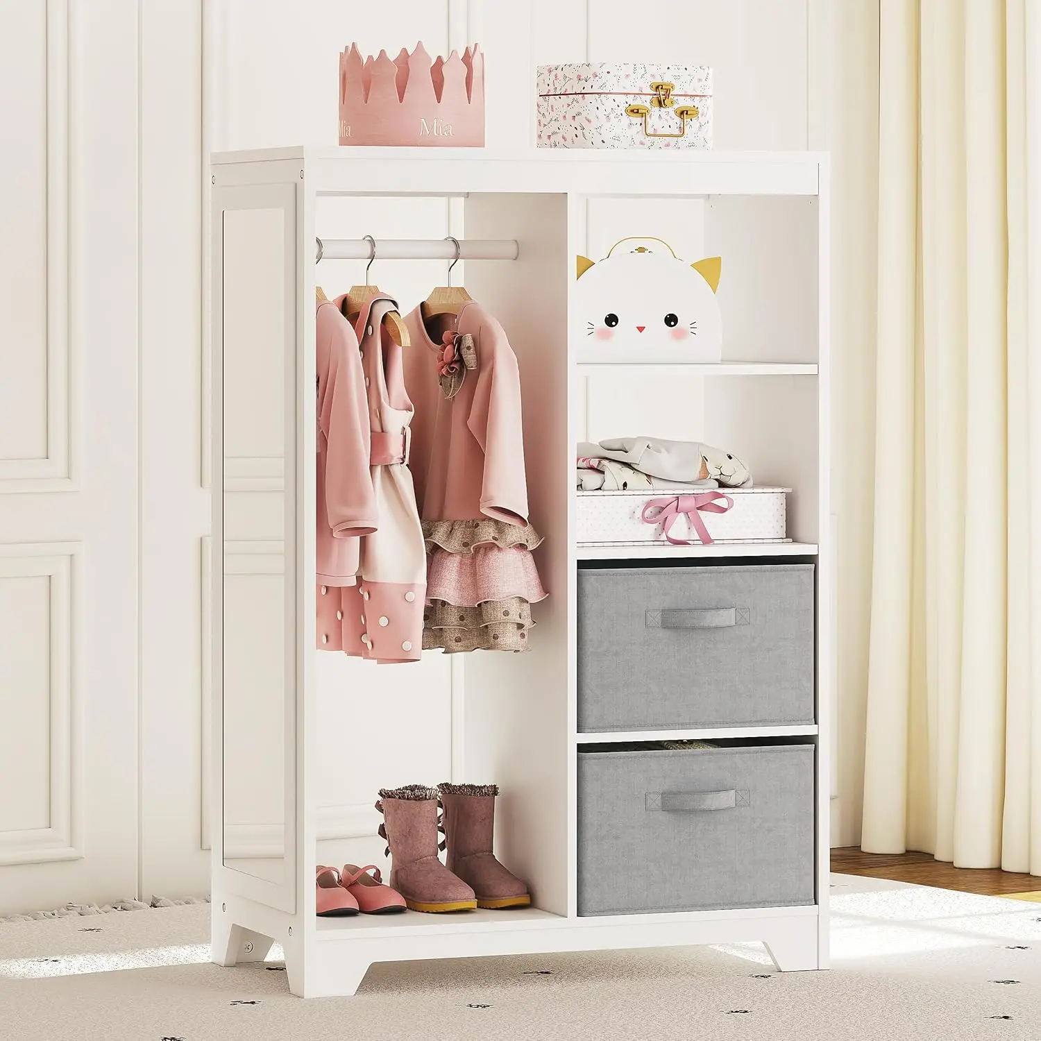 Armoire de rangement avec miroir pleine longueur, armoire pour enfants avec 2 bacs de rangement, armoire de costume à ouverture pour les enfants, pour faire semblant