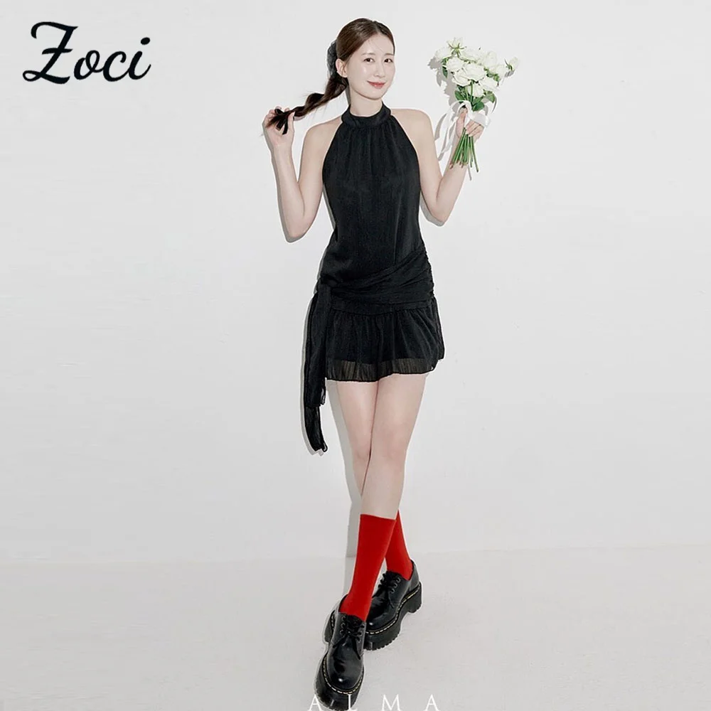 

Zoci Black Short Evening Dresses O-Neck Sleeveless Mini Party Dresses A-line Pleat Korea Wedding Photo Shoot Dresses Customized