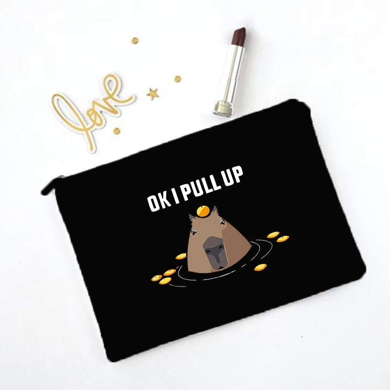 2023 Cute Capybara Black Canvas Zipper Makeup Bag Complete Kit Storage Make Up Organizer Pencil Case Professional Nail Case Gift