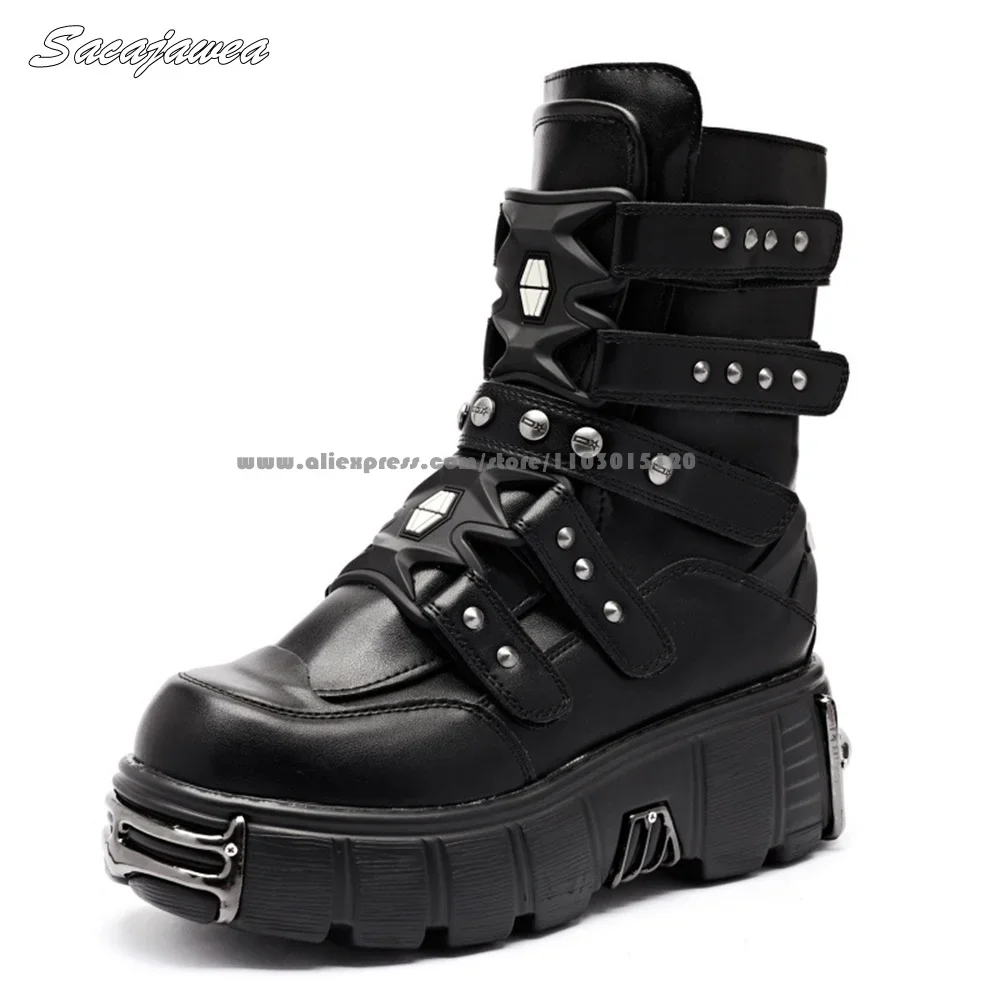 

Punk Style Hook&Loop Thick Sole Motorcycle Boots Black Patente Leather Size 36-45 Casual Boots Metal Toe Y2K Cool Girl Boots