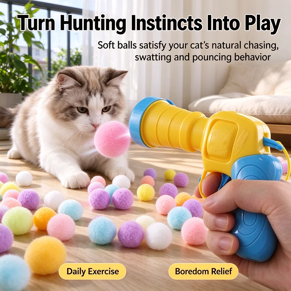 Cat Plush Ball Launcher Gun, Interactive Silent Pom Pom Shooter Toy for Kitten Indoor Chasing Game Pet Teaser Supplies