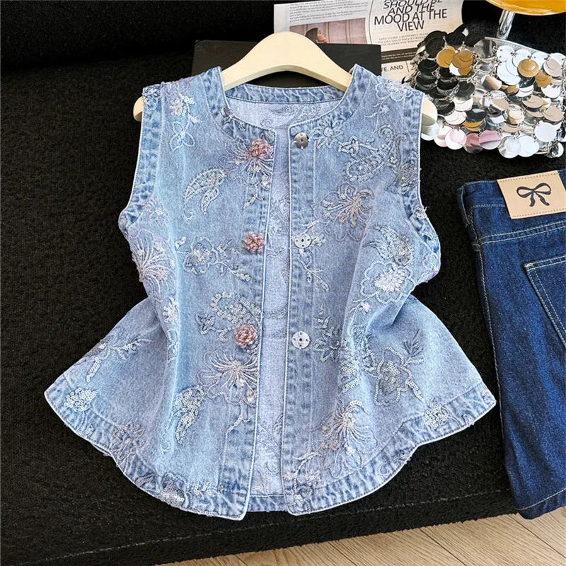 

Heavy Work Sequins Flower Women Blue Slim Thin Short Denim Vest Summer Round Neck Single-Breasted Sleeveless Cowboy Waistcoat