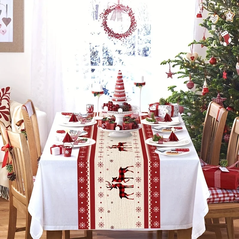 Xmas Reindeer Snow Pattern Table Runner Washable Linen For Living Room Dining Table Kitchen Home Party Decor