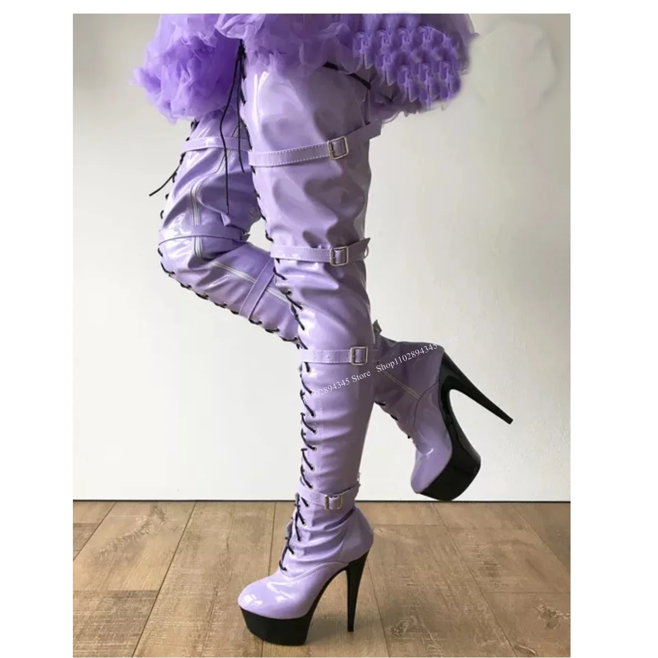 Purple Over Knee High Buckle Boots Thin High Heel Platform Fashion Sexy 2023 Summer Casual Big Size Woman Shoes Zapatillas Mujer