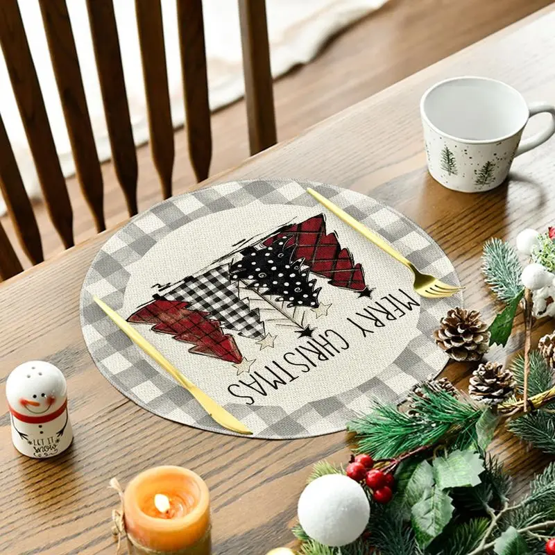 VIKAMA Round Christmas Tree Placemats, Grey Buffalo Plaid Xmas Placemats for Dining Table Home Kitchen Holiday Party Decor
