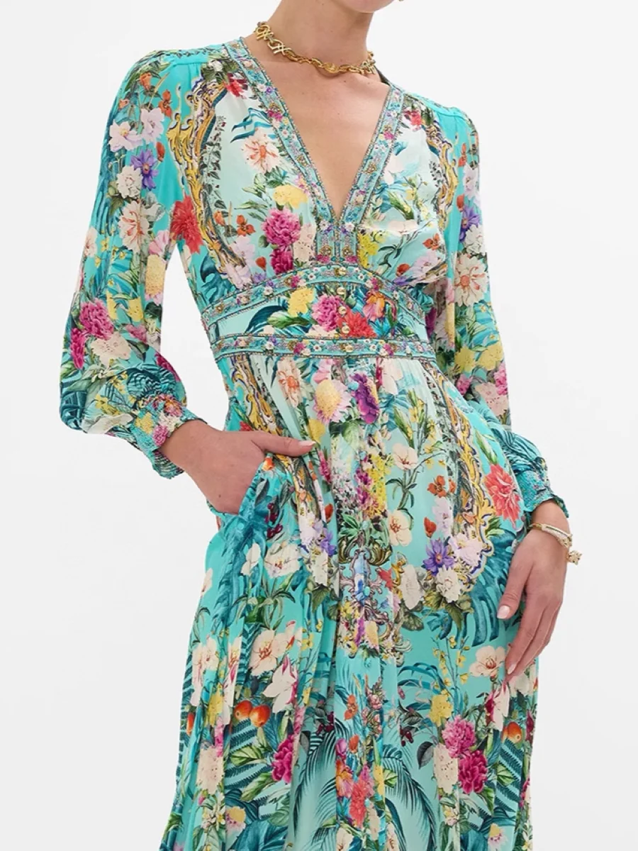 Robe longue en soie pour femmes, imprimé floral, perles de cristal, col en v, manches longues, taille élastique, vacances, nouvelle collection 2025