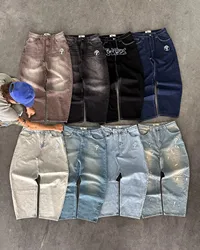 Hip hop rua lazer calças jeans bonito y2k vintage gótico moda bordado perna reta calças de brim largas roupas masculinas