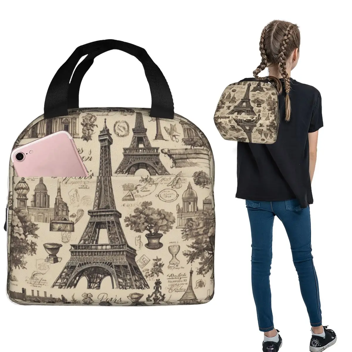 French Paris France Eiffel Tower Insulated Lunch Bag for Women Children Portable Food Boxes Thermal Lunch Box Tote