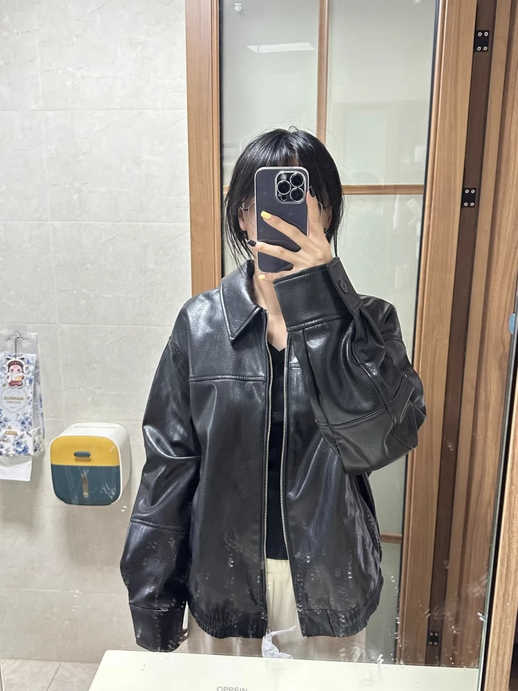 Herbst Neue frauen Lose Pilot Jaet Mantel Gefälschte Leder Revers Oberbekleidung Baumwolle Denim Stoff Damen Faion Casual Lange Sve