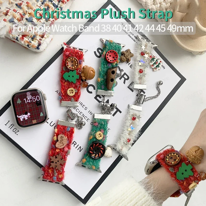 

Christmas Plush Strap for Apple Watch Band Ultra2 49mm 45mm 41 38 42 40 Women Winter Bracelet for IWatch Serie 9 8 7 SE 6 Correa