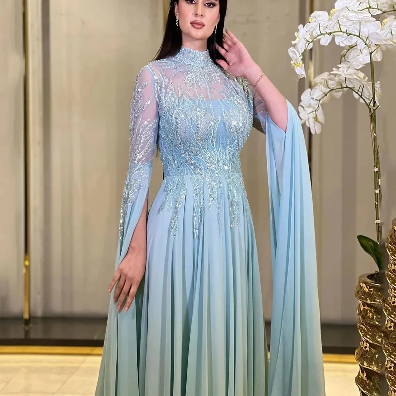 Simple Beaded Evening Gown 2024 Elegant Long Sleeve Party Dress Romantic Side Slit Floor Length Gowns Vestidos De Novia