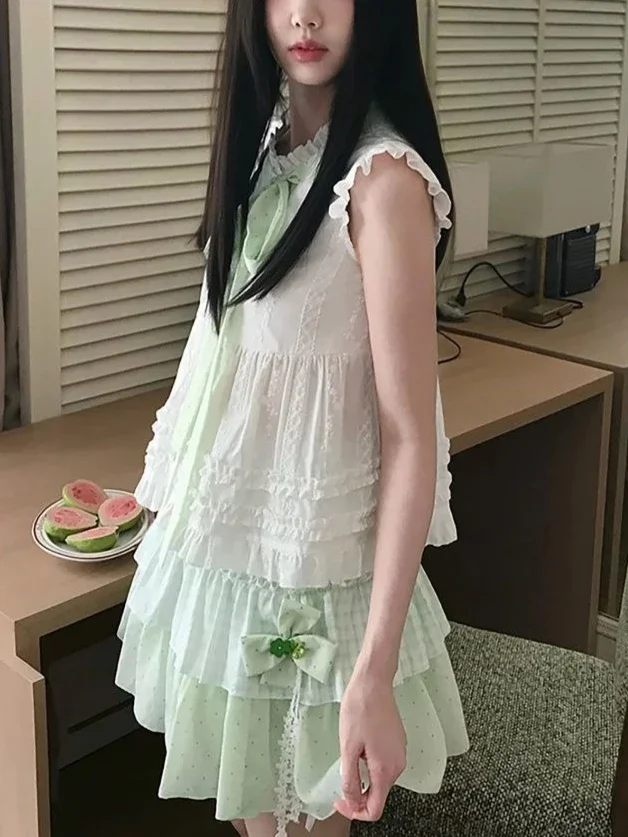 IMU Summer Japanese Sweet Green Elegant 2 Piece Set Women Bow Design Tops + High Waist Cake Skirt Female Chic Korean Popular Clo