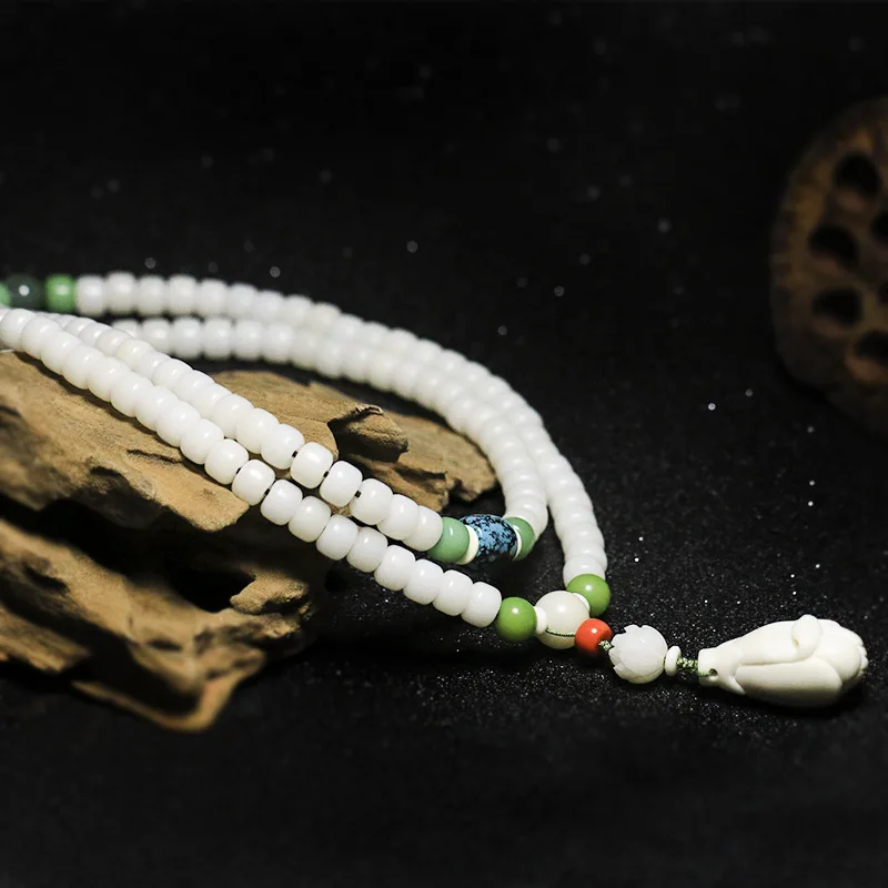 

[Rulan]White jade Bodhi root 108 Necklace female hand string Chinese style literature and art small fresh Bracelet Gift