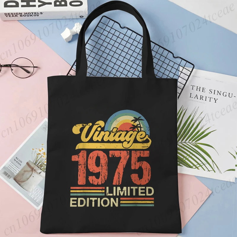 Funny Made in 1975 All Original Parts Print Bags for Women Canvas Shopping Bag Birthday Shoulder Bag Folding Eco-Friendly Totes