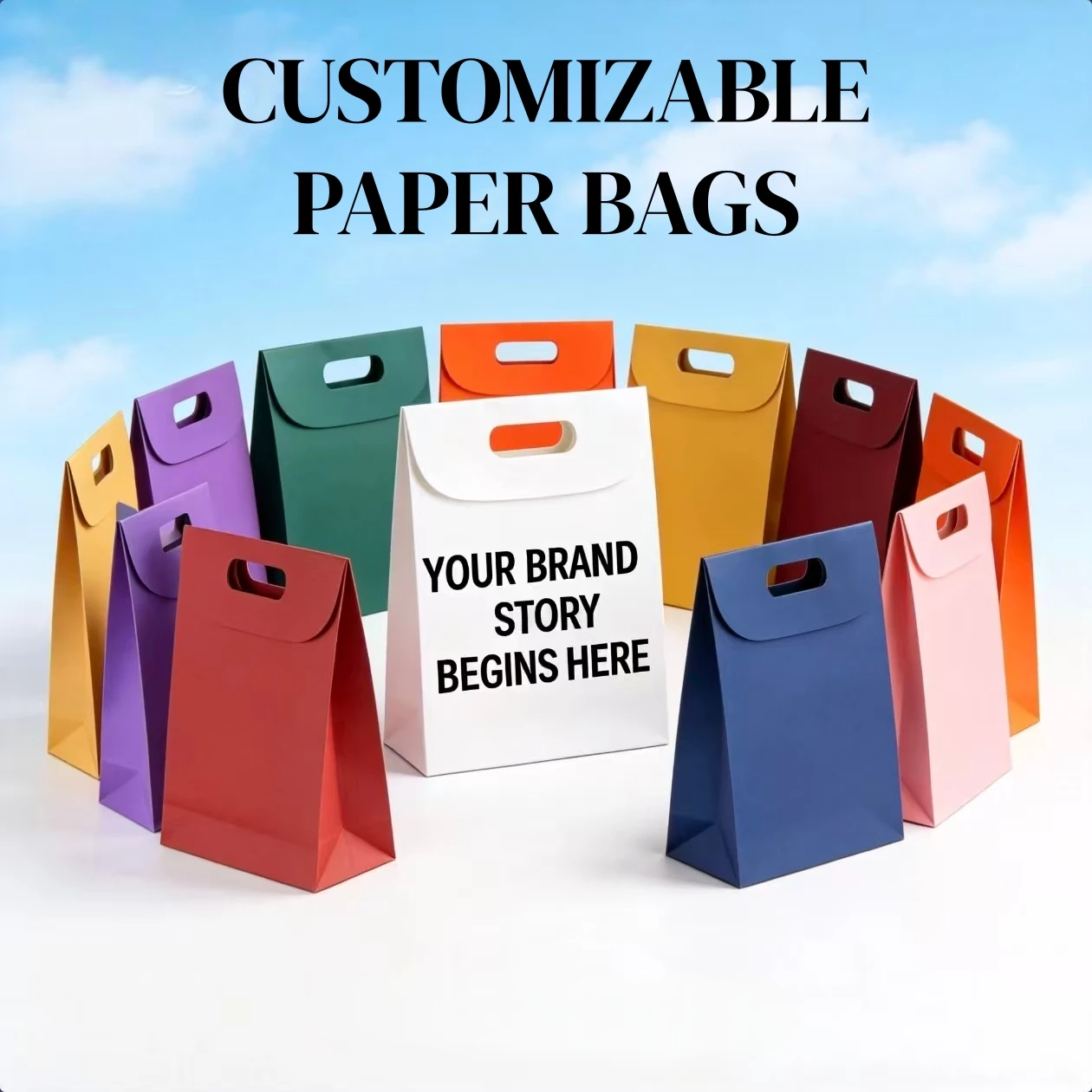 

Colorful flip-top gift bags, Candy Kraft Paper Packaging bag four-finger handle paper bags, Customizable LogoVelcro closure bags