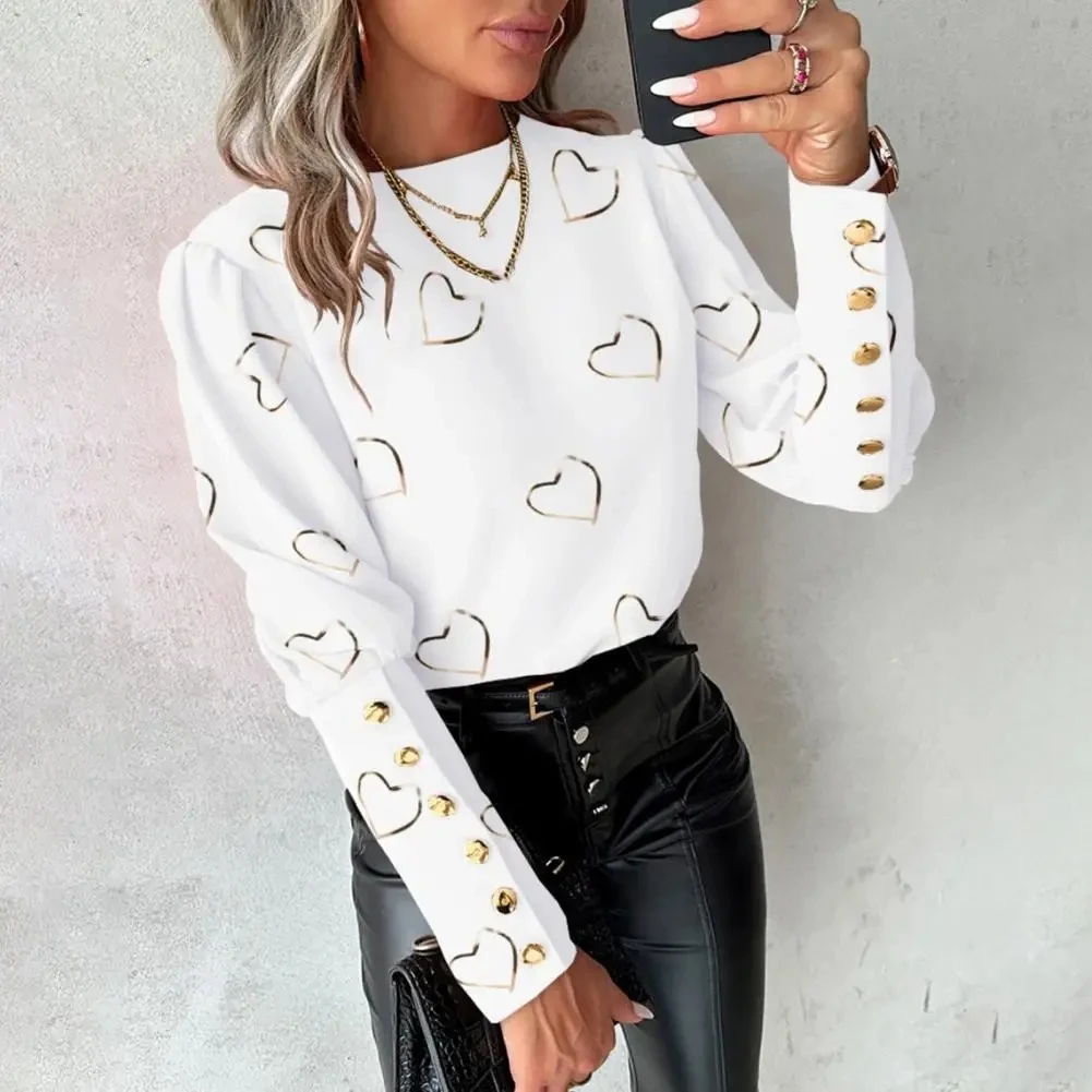 2025 Women Spring Shirts Heart Print Round Neck Long Sleeve Loose Blouses Fashion Casual Button Elegant Office Ladies Tops