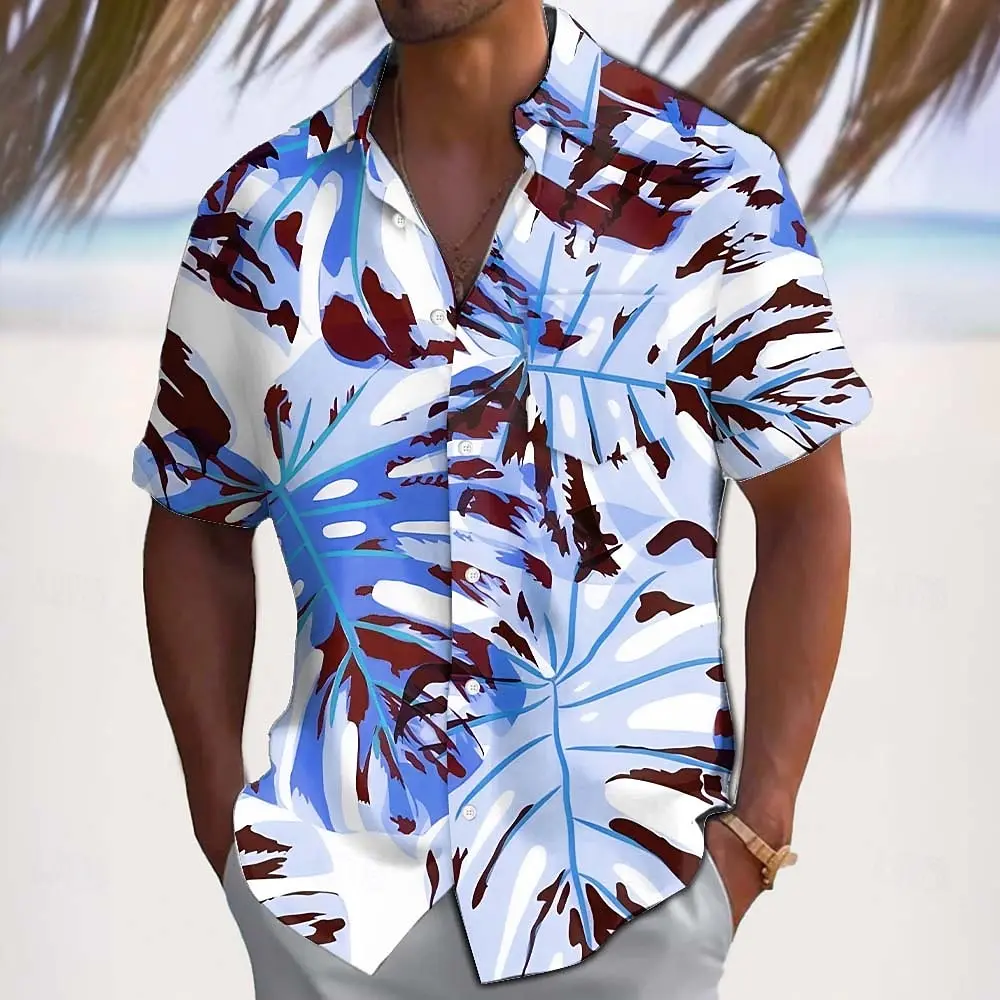 

Men's Palm Leaf Tropical Plants Summer Aloha Shirt Short Sleeve Beach Wear Summer 3D Print Collared Shirts Front One Pocket