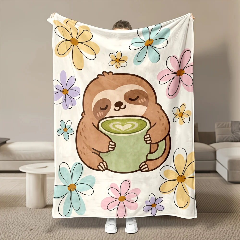 1pc Cute Sloth Green Tea Flannel Blanket, Ultra Soft Warm And Cozy, All-Season Use, 280GSM Heavy, Machine Washable, for Bedroom, Sofa, Bed, Bedding Items, Office Nap, Dorm And Car, Cozy Winter Throw, Ideal Gift Choice