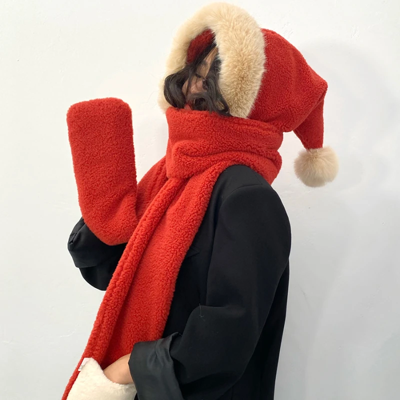 Sweet Red Winter Women Novelty Beanies Caps Warm Rabbit Ear Hat Casual Plush Hat Scarf Set Casual Women Caps Christmas Present