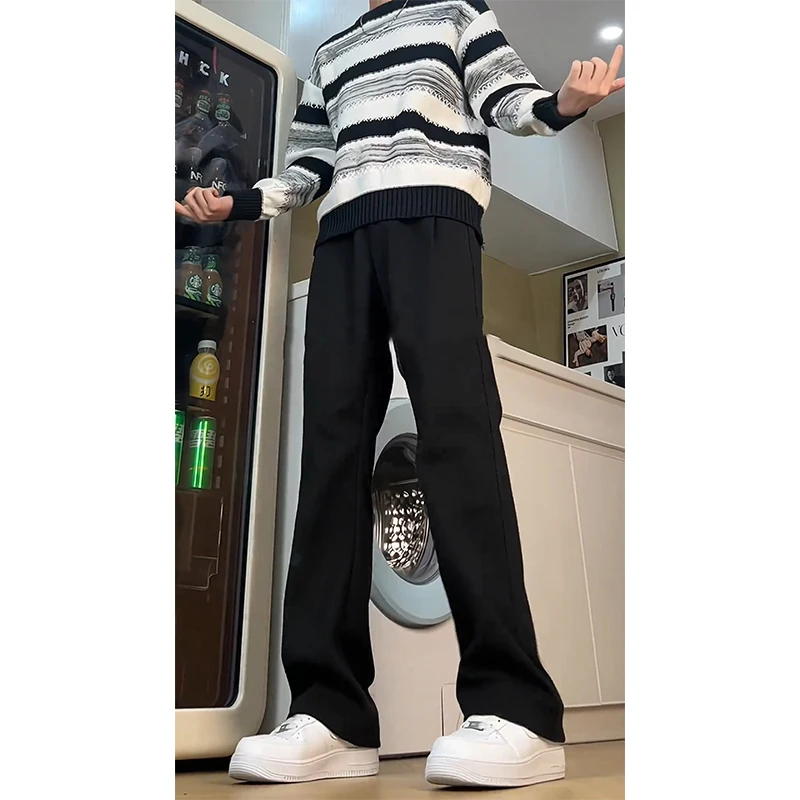 

Bla Woolen Men's Straight Leg Pants Thiened Autumn Winter Cleanfit Drapey Casual Flared Suit Trousers Youth Faion