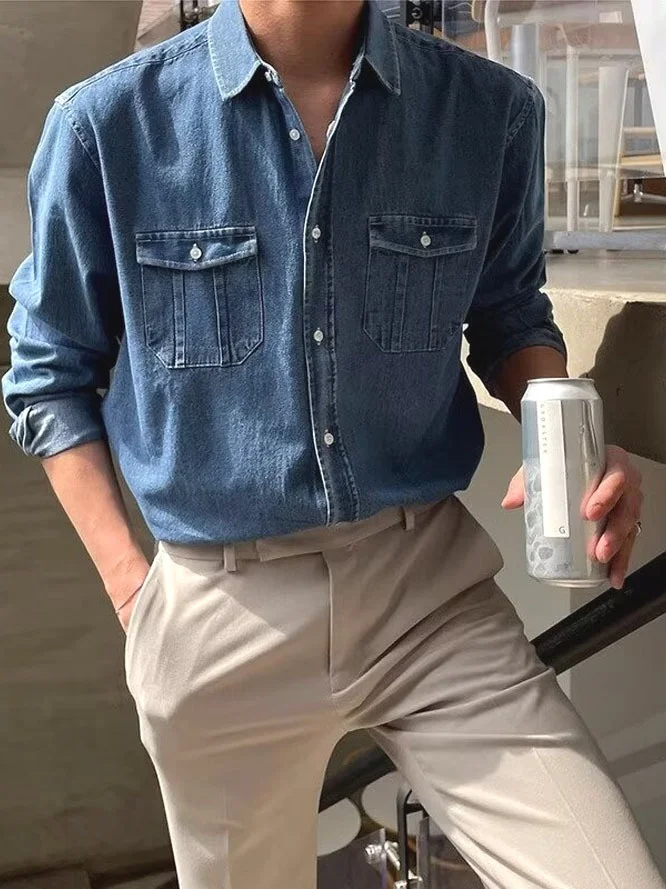 

Мужская джинсовая рубашка-кардиган в стиле ретро, синяя, свободного кроя, с длинным рукавом, повседневная рабочая одежда, модная куртка