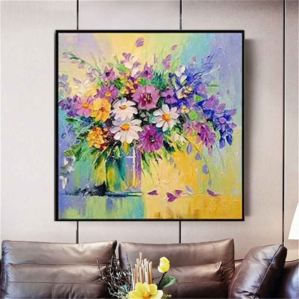 

Yellow Purple White Floral Wall Art Picture On Canvas Flower Oil Painting Large Vase Decor Design Paintings Decoration Room Trim