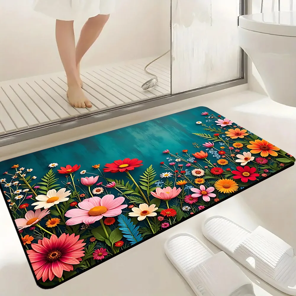 VIKAMA Spring Flower Bath Floor Mat Shower Room Toilet Doors Water absorbing Non slip Carpet Home Decoration