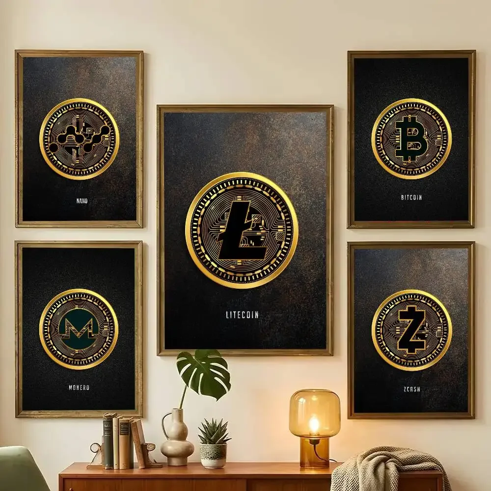 Abstract Golden Bitcoin Monero Cardano Canvas Painting Nordic Modern Wall Art