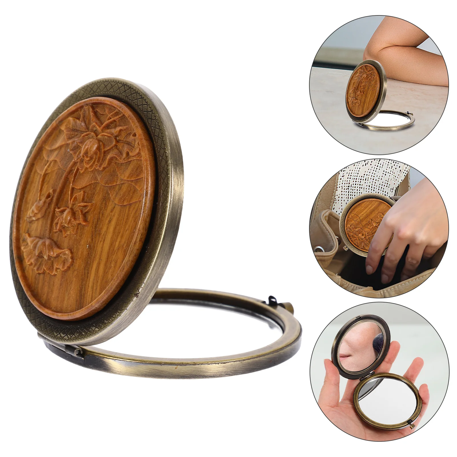 Make-upspiegel Portemonnee Mini Reismake-up Handheld Thuisgebruik Clamshell Klein Rond Hout