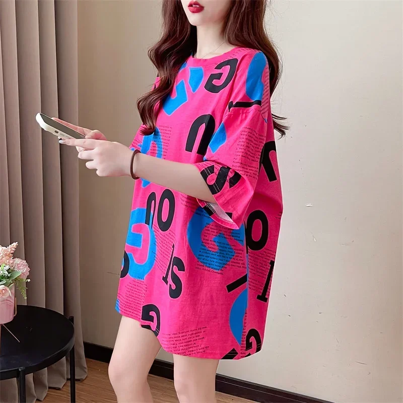 woman tshirts 2025 Summer oversized Women T-shirt korean style letter printed graphic Tops long T shirt Harajuku Couples Clothes