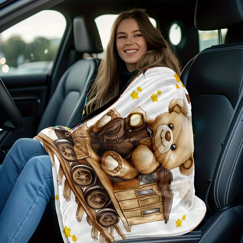 بطانية فلانيل مخصصة على شكل قطار الدب - رمي ناعم وخفيف الوزن مع اسم مخصص - تصميم قطار عتيق مع نجوم - مثالي