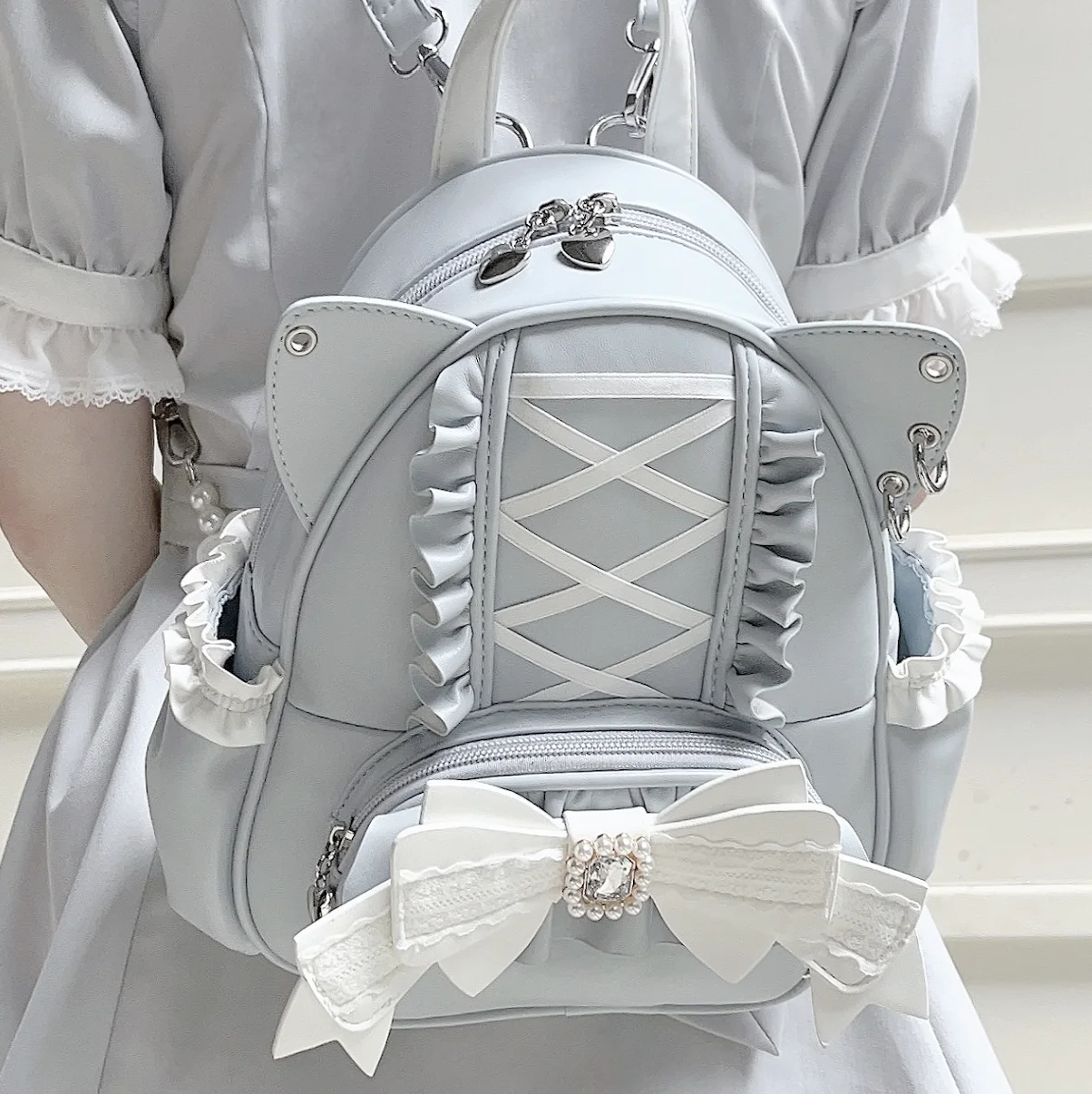 Japanese Mine Style Mass-Produced Lace Stitching Diamond Bow Ruffles Cat Ear Pu Sweet Cute Lolita Kawaii Zipper Backpack Women