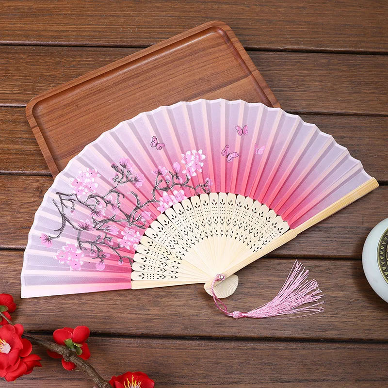 Chinese Style Tassel Silk Folding Fan Art Craft Gift Home Wedding Decor Ornament Bamboo Shank Classical Dance Fan