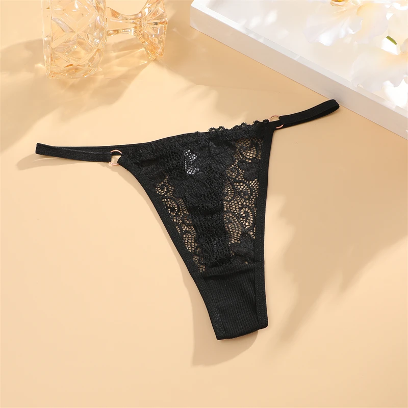 FINETOO 3PCS Cotton Low Rise Lace Thongs Underwear for Women Sexy Perspective Floral G-String Female Comfortable Solid Lingerie