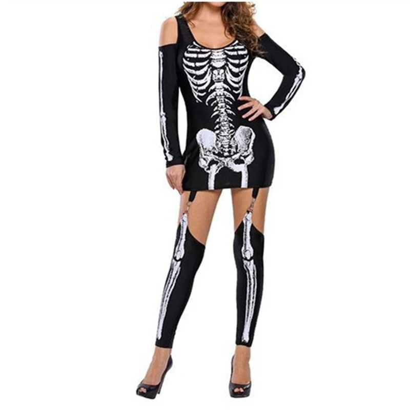 New Makeup Ball Skull Skeleton Print Sexy Off Shoulder Halloween Costume Dark Performance Dress