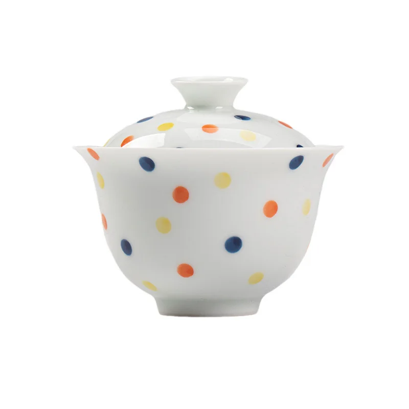 Jade Clay White Porcelain Hand-Painted Polka Dot Ceramic Gaiwan Kung Fu Set Household Modern Simple Thin-Walled Tea Bowl