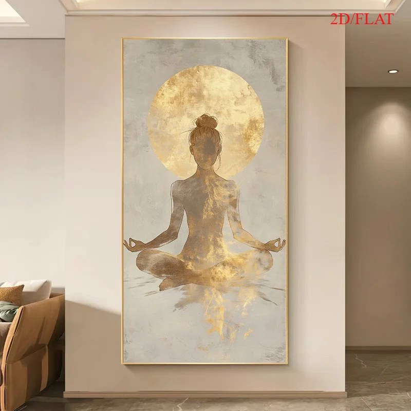 Large Frameless Canvas Wall Art,Large-scale Simple Meditation Canvas Print Golden Yoga Movements Spiritual Tranquility Wall Art