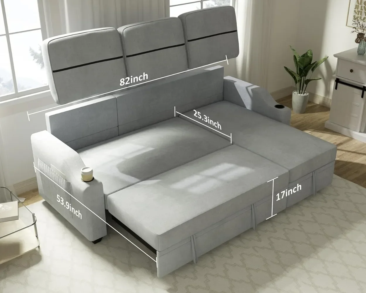 Reversible Sectional Sofa Pull Out Couch Bed for Living Room Stroge Side Pocket Sofa Cup Holder Removable Backrest